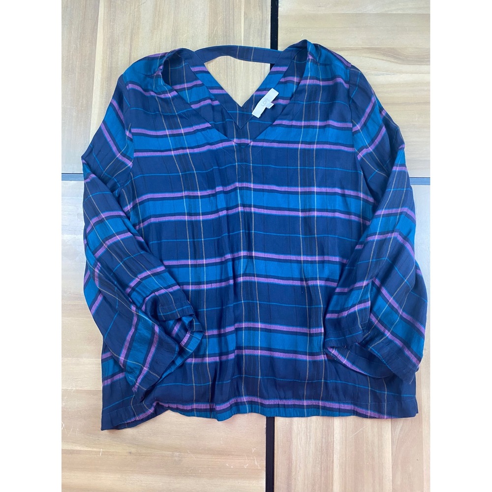 LOFT Womens XL Blue Plaid V-Neck Long Sleeve Blouse Metallic Gold Thread Accent